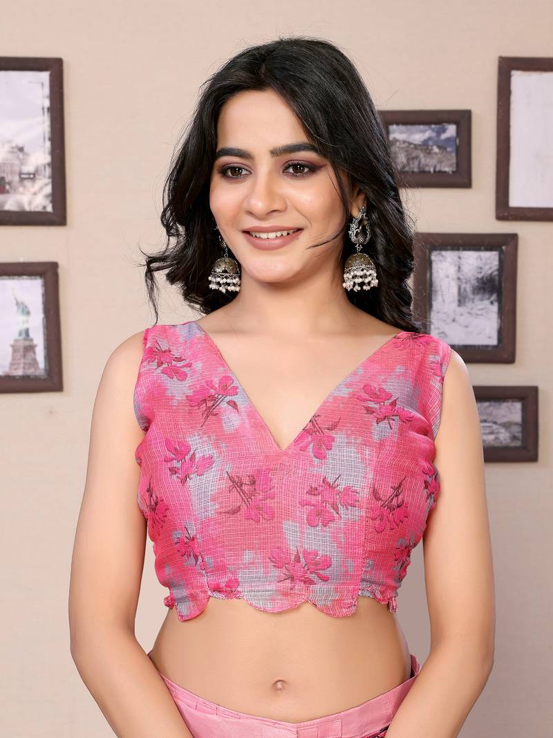 Ready To Wear Pink Kota Doriya Saree Embroidery Cut Work Scallop Border Saree With Blouse