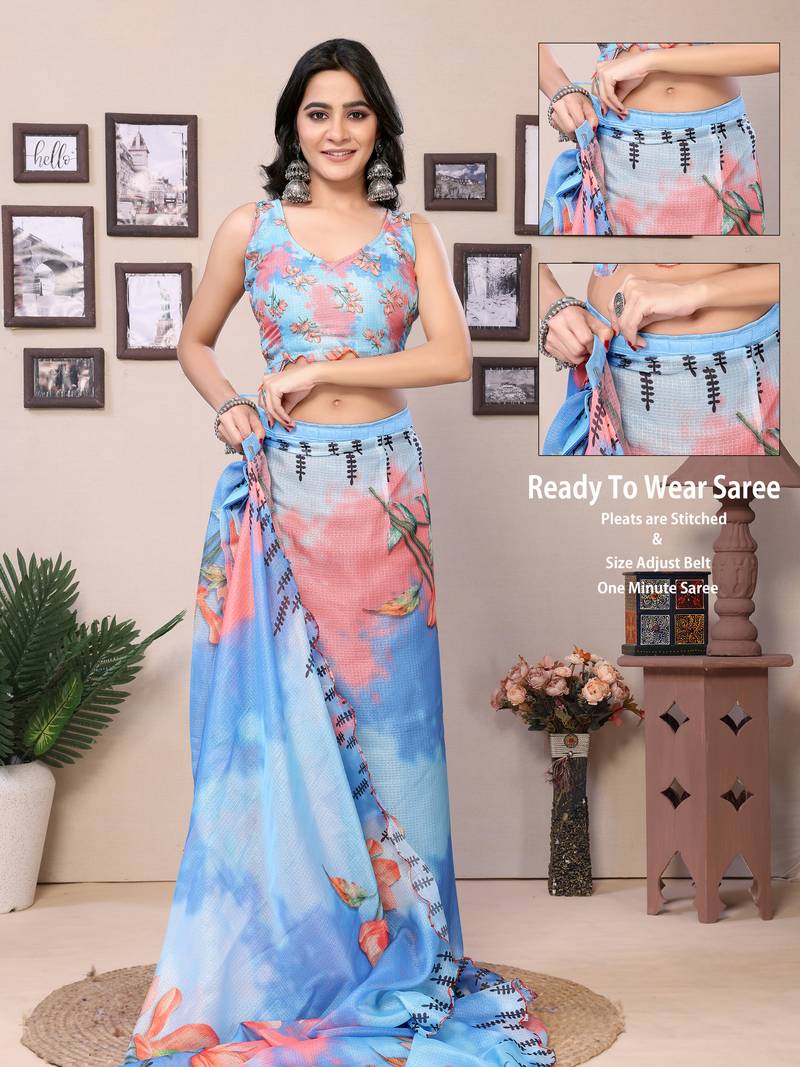 Ready To Wear Sky Blue Kota Doriya Saree Embroidery Cut Work Scallop Border Saree With Blouse