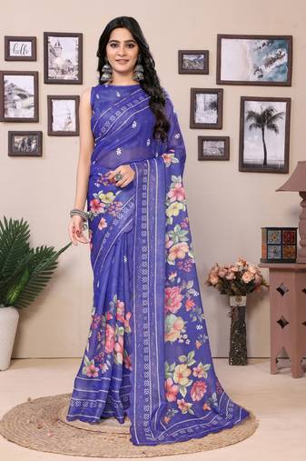 Blue Ready To Wear Kota Doriya Embroidery Cut Work Scallop Border Saree With Blouse