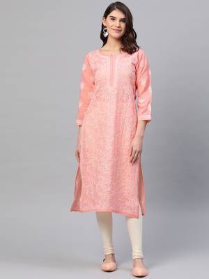 hand embroidered peach cotton lucknowi chikankari straight kurta  1