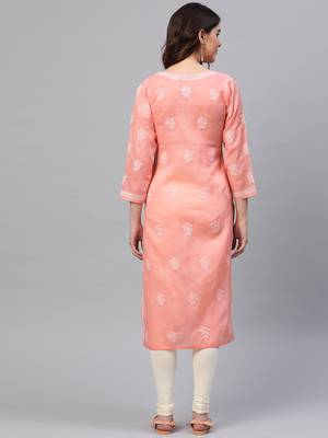 hand embroidered peach cotton lucknowi chikankari straight kurta  2
