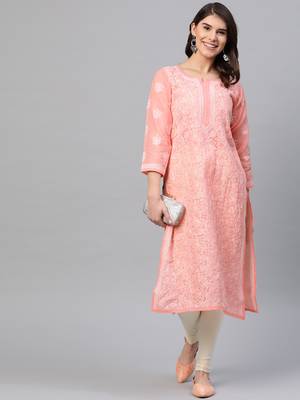 hand embroidered peach cotton lucknowi chikankari straight kurta  4