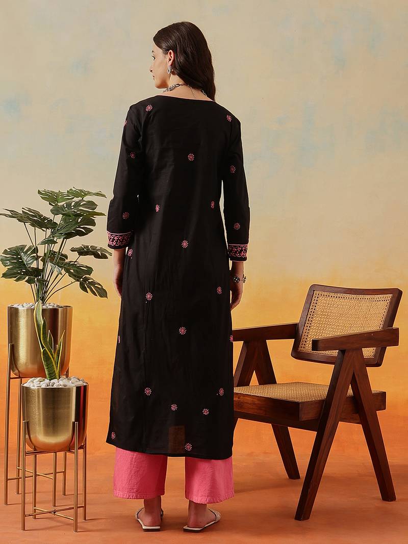 Hand embroidered black cotton lucknowi chikankari straight kurta