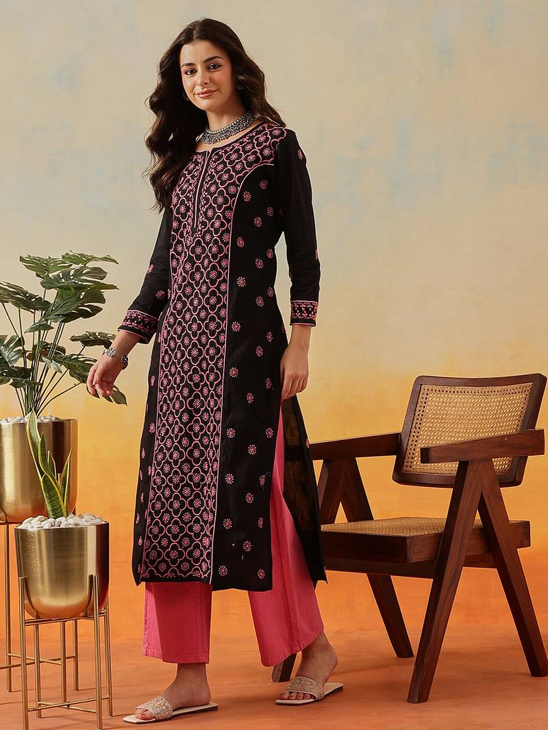 Hand embroidered black cotton lucknowi chikankari straight kurta