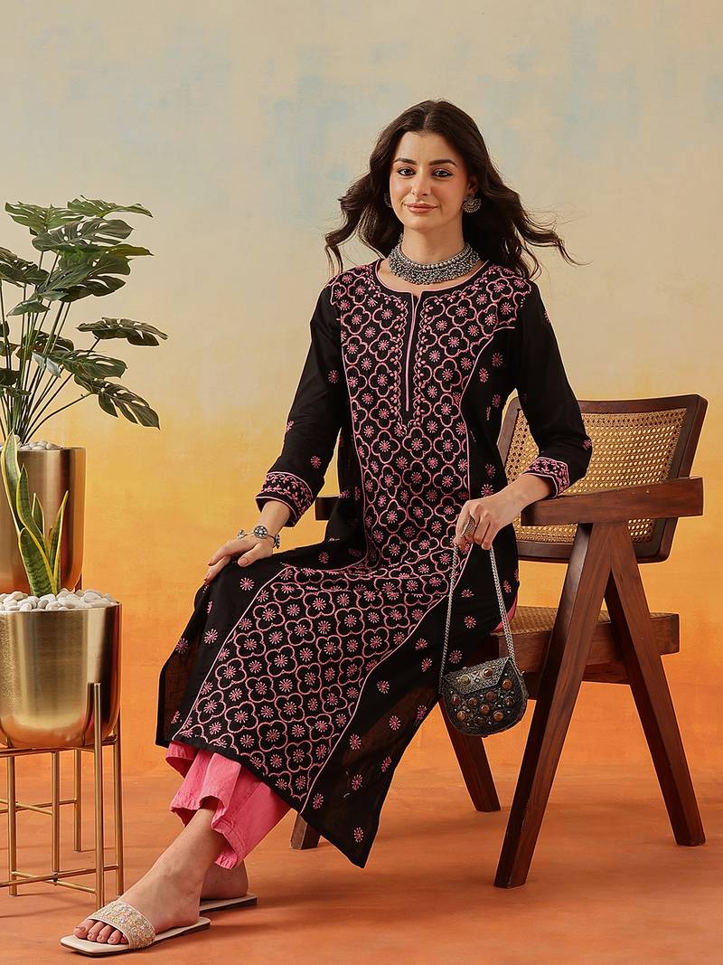 Hand embroidered black cotton lucknowi chikankari straight kurta