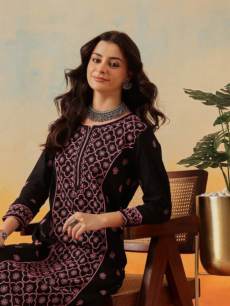 Hand embroidered black cotton lucknowi chikankari straight kurta