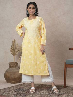 hand embroidered yellow cotton lucknowi chikankari straight kurta  1