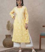 hand embroidered yellow cotton lucknowi chikankari straight kurta 