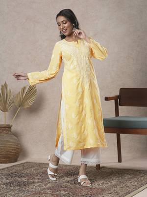 hand embroidered yellow cotton lucknowi chikankari straight kurta  4