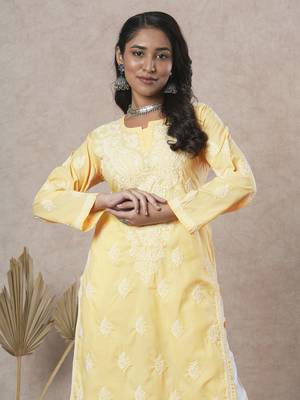 hand embroidered yellow cotton lucknowi chikankari straight kurta  5