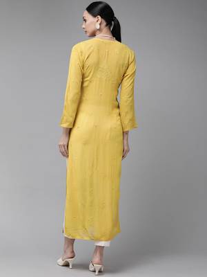 hand embroidered mehendi green georgette lucknowi chikankari straight kurta  2