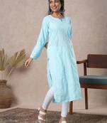 hand embroidered blue cotton lucknowi chikankari straight kurta 