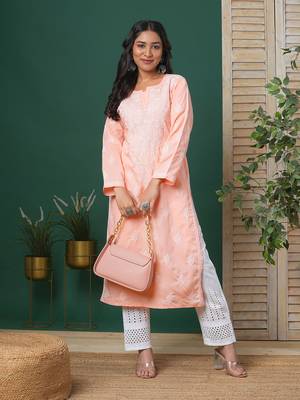 hand embroidered peach cotton lucknowi chikankari straight kurta  1