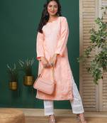 hand embroidered peach cotton lucknowi chikankari straight kurta 
