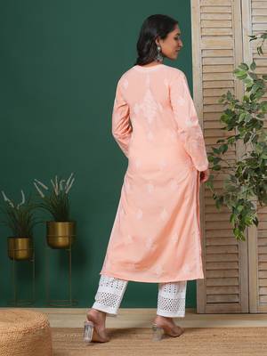 hand embroidered peach cotton lucknowi chikankari straight kurta  2