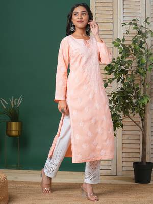 hand embroidered peach cotton lucknowi chikankari straight kurta  3