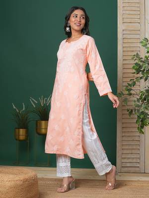 hand embroidered peach cotton lucknowi chikankari straight kurta  4