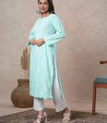 hand embroidered sea green cotton lucknowi chikankari straight kurta 
