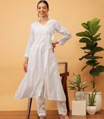 hand embroidered white cotton lucknowi chikankari angrakha kurta 