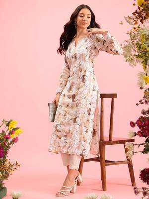 hand embroidered printed dusty peach chanderi lucknowi chikankari straight kurta 1