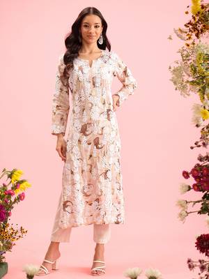 hand embroidered printed dusty peach chanderi lucknowi chikankari straight kurta 3