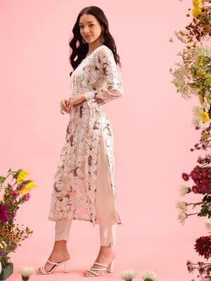 hand embroidered printed dusty peach chanderi lucknowi chikankari straight kurta 4