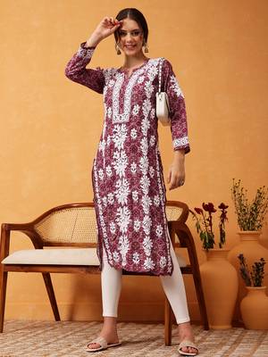hand embroidered printed wine chanderi lucknowi chikankari straight kurta  1