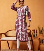 hand embroidered printed wine chanderi lucknowi chikankari straight kurta 
