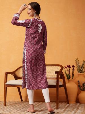 hand embroidered printed wine chanderi lucknowi chikankari straight kurta  2