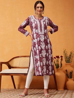 hand embroidered printed wine chanderi lucknowi chikankari straight kurta  3