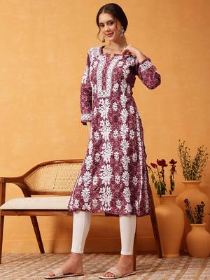 hand embroidered printed wine chanderi lucknowi chikankari straight kurta  4