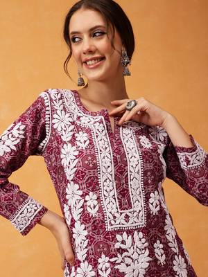 hand embroidered printed wine chanderi lucknowi chikankari straight kurta  5