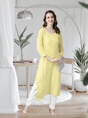 hand embroidered yellow georgette lucknowi chikankari straight kurta  1