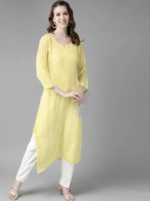 hand embroidered yellow georgette lucknowi chikankari straight kurta  3