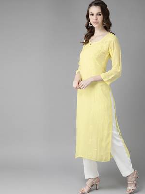 hand embroidered yellow georgette lucknowi chikankari straight kurta  4