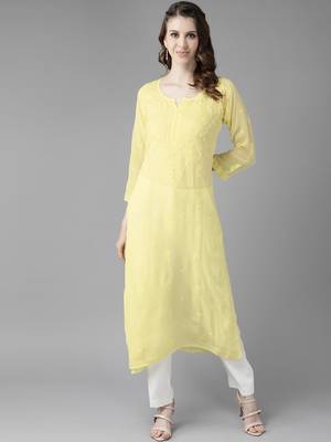 hand embroidered yellow georgette lucknowi chikankari straight kurta  5