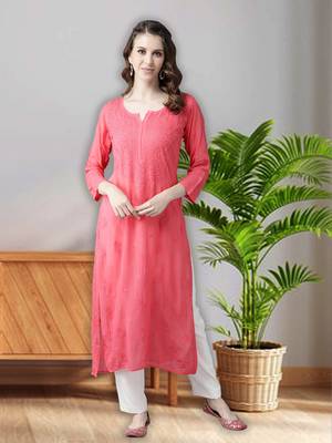 hand embroidered carrot pink georgette lucknowi chikankari straight kurta  1