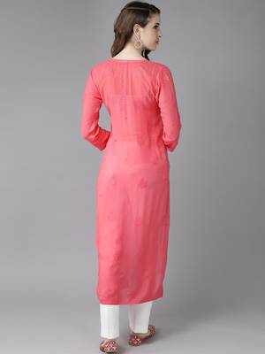 hand embroidered carrot pink georgette lucknowi chikankari straight kurta  2