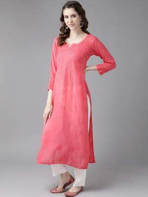 hand embroidered carrot pink georgette lucknowi chikankari straight kurta  3