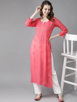 hand embroidered carrot pink georgette lucknowi chikankari straight kurta  4