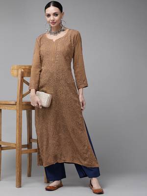 hand embroidered dusty peach georgette lucknowi chikankari straight kurta  1