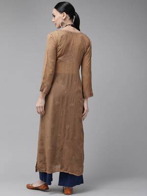 hand embroidered dusty peach georgette lucknowi chikankari straight kurta  2