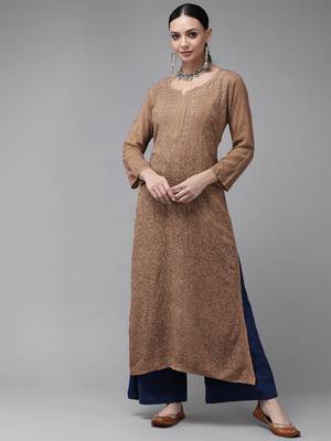 hand embroidered dusty peach georgette lucknowi chikankari straight kurta  3