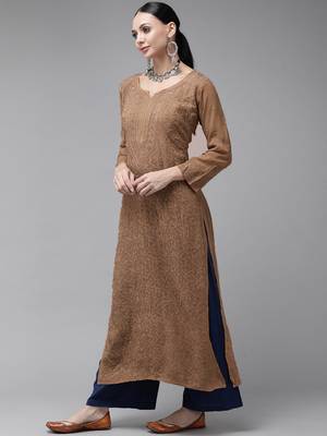 hand embroidered dusty peach georgette lucknowi chikankari straight kurta  4