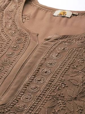 hand embroidered dusty peach georgette lucknowi chikankari straight kurta  5