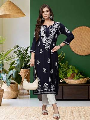 hand embroidered navy blue rayon lucknowi chikankari straight kurta 1
