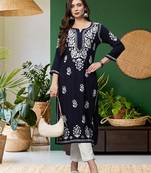 hand embroidered navy blue rayon lucknowi chikankari straight kurta