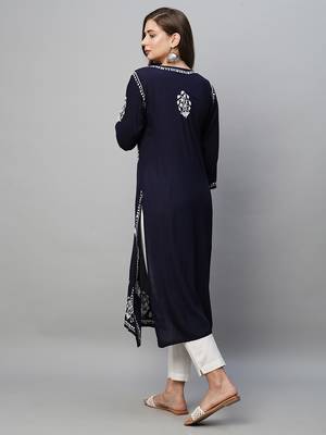 hand embroidered navy blue rayon lucknowi chikankari straight kurta 2