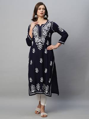 hand embroidered navy blue rayon lucknowi chikankari straight kurta 3