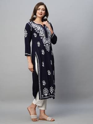 hand embroidered navy blue rayon lucknowi chikankari straight kurta 4